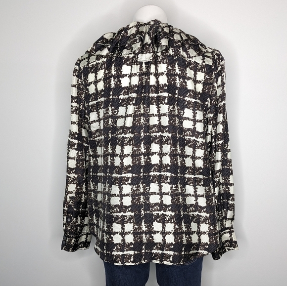 J Crew black brown cream plaid ruffle neck 100% silk button up M - Picture 5 of 8